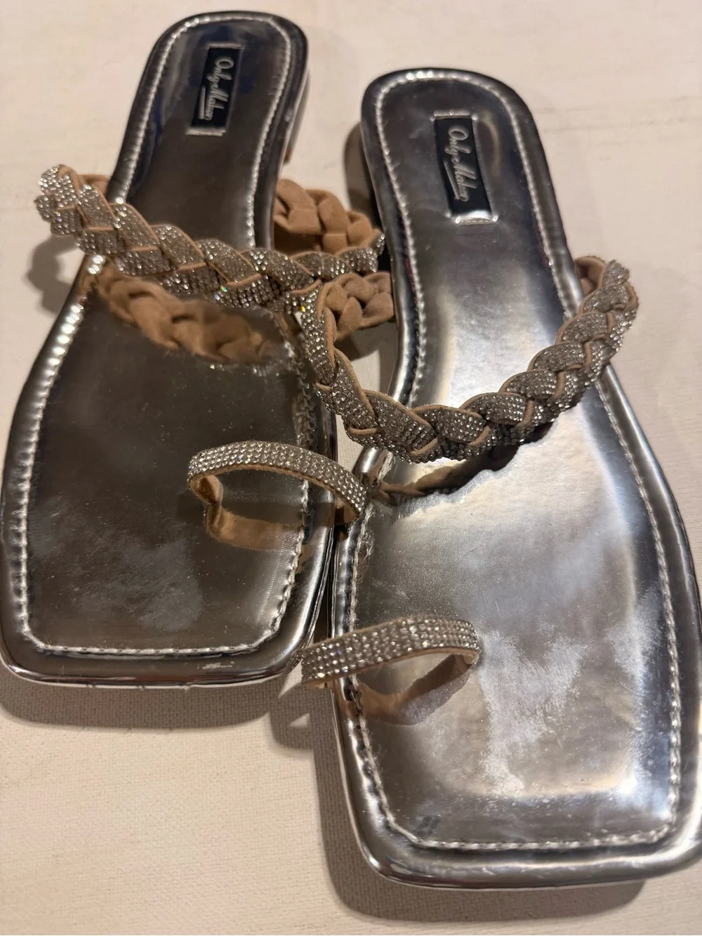 Braided Rhinestone Toe-Ring Sandals — Silver and Tan